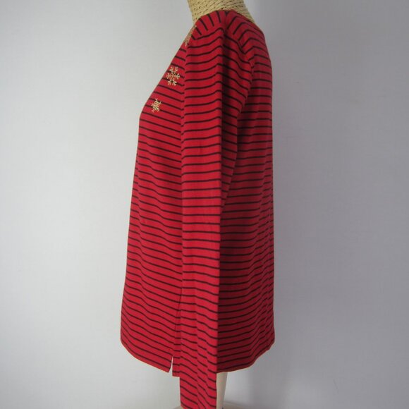 NEW Talbots Women Petite Medium PM Red Black Gold Stripe Snowflake Shirt NWT $45 - Picture 8 of 11
